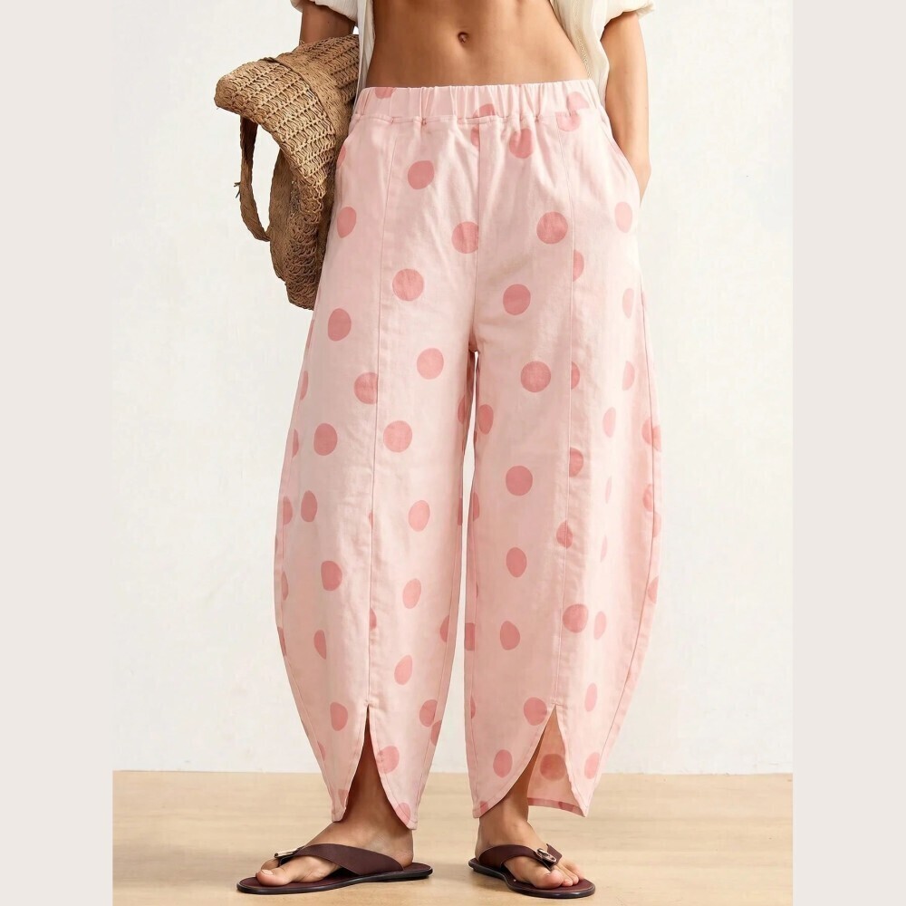 Pink Polka Dot Tulip Hem Cropped Wide Leg Denim Jeans Pants